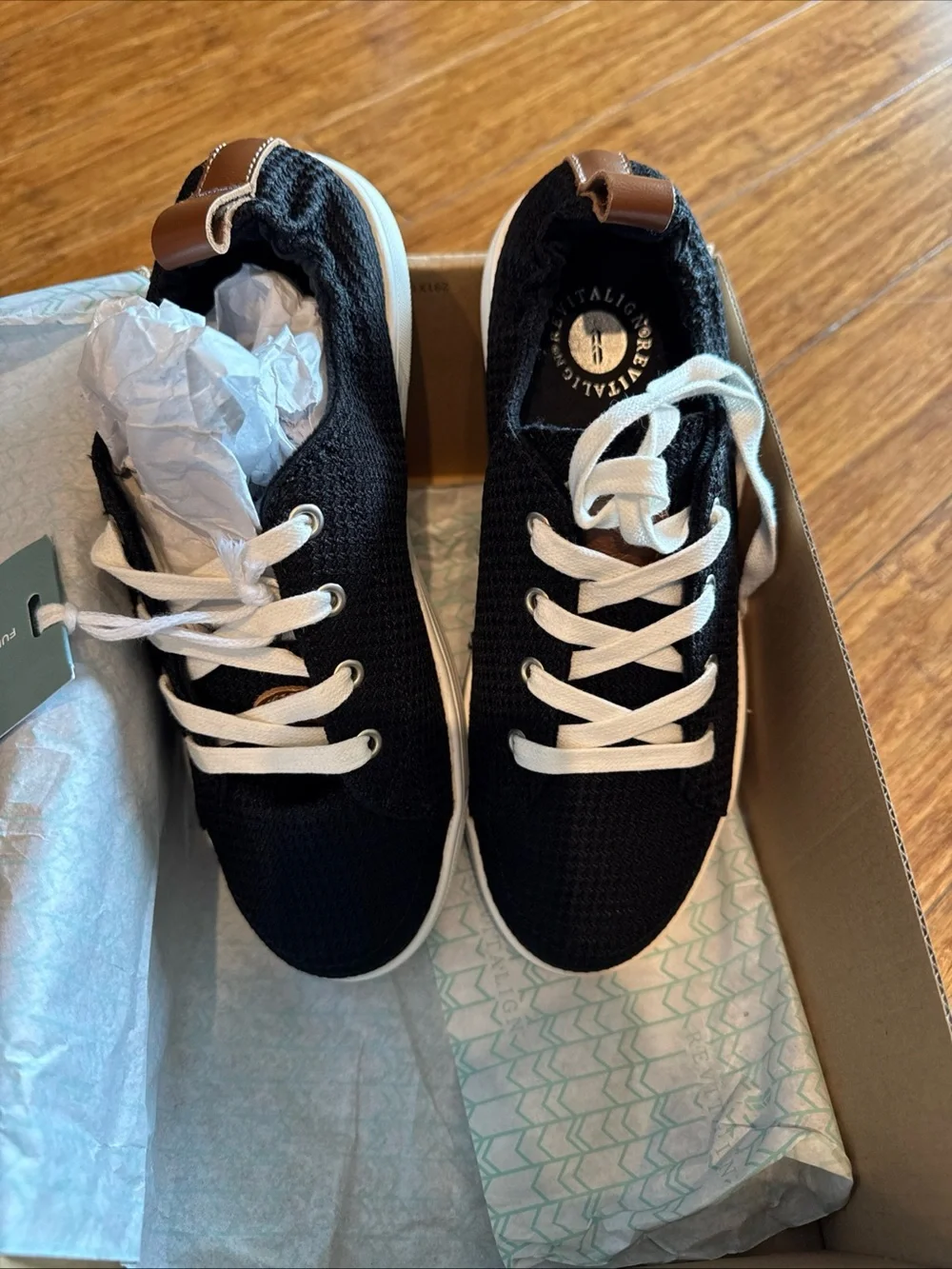 REVITALIGN Black Knit Lace-Up Sneakers with White Laces and Brown Heel Tab